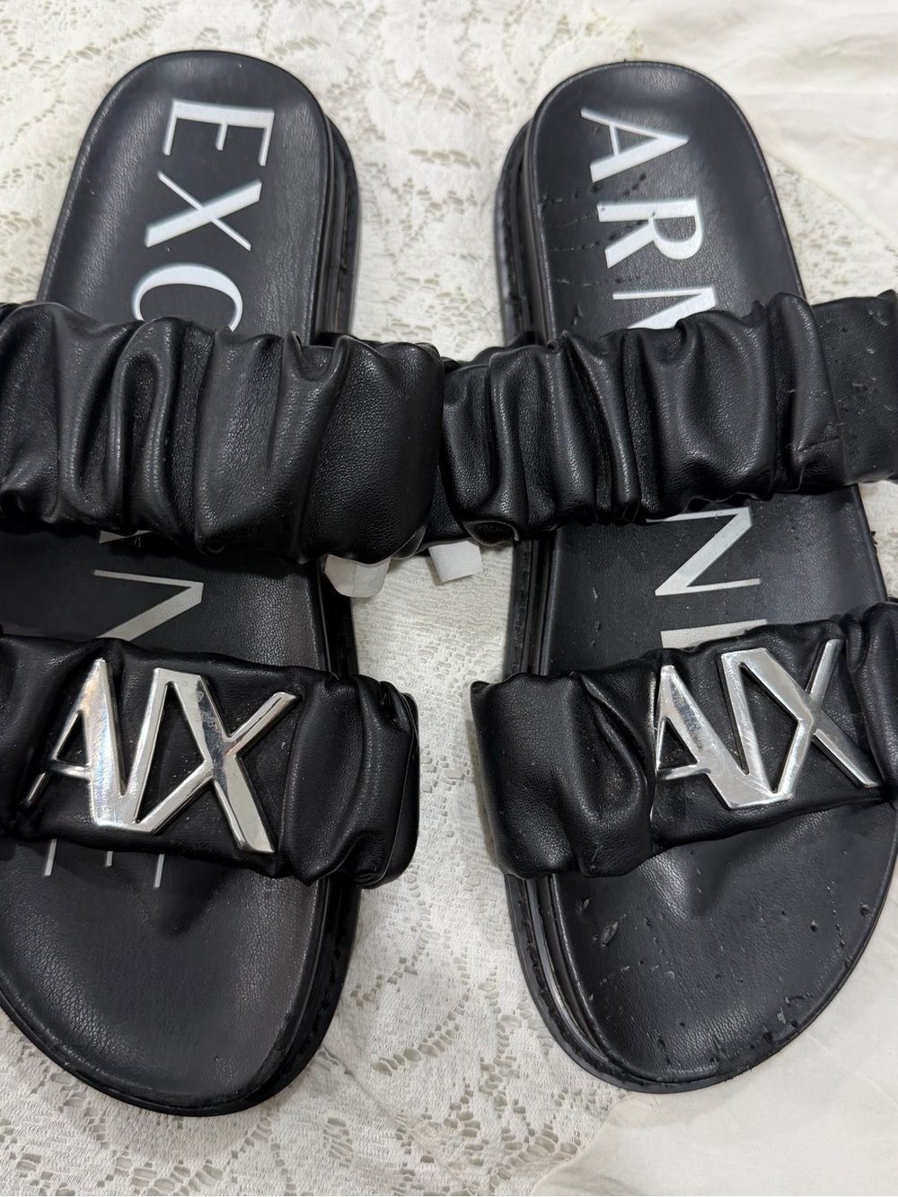 Armani Exchange Black Ruched AX Logo Slide Sandals